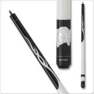 Action JR17 Junior Pool Cue – 52" Black Youth Cue with Silver & White Skull Trio Design | 12mm Boar Skin Tip, Hard Rock Maple, Fiber Linen Ferrule | Kids & Teen Billiard Stick