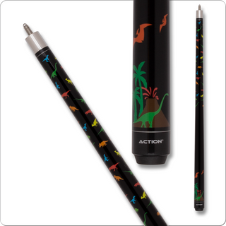 Action Kids JR19 Junior Pool Cue – 48" Black Cue with Colorful Dinosaur Design | 12mm Boar Skin Tip, Hard Rock Maple, Fiber Linen Ferrule | Fun Billiard Stick for Kids