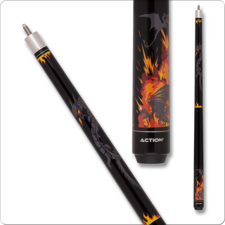 Action Kids JR20 Junior Pool Cue – 48" Grey Cue with Dragon & Flames Design | 12mm Boar Skin Tip, Hard Rock Maple, Fiber Linen Ferrule | Themed Billiard Stick for Kids