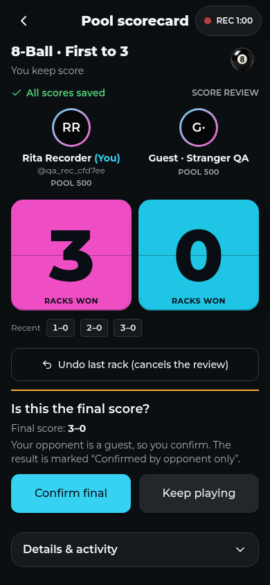 World Score development preview: colorful pool scorecard and final-score review