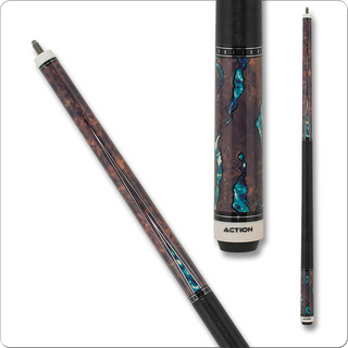 Action ACT154 Exotic Cue – Walnut with Aqua & White Veneer Points and Aqua Resin Design – 18oz, 19oz, 20oz, 21oz