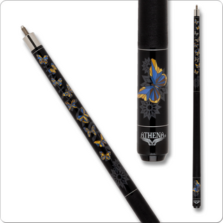 Athena ATH59 Pool Cue – 12.5mm Boar Skin Tip – Black Cue with Blue & Gold Butterfly Design – 17–21oz Options