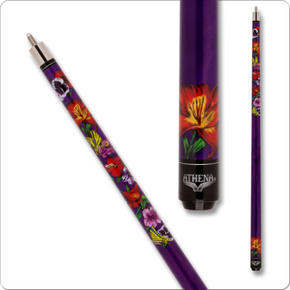 Athena ATH65 Women’s Pool Cue – Dark Purple Maple with Floral Design, 12.5mm 7-Layer Boar Skin Tip, Hard Rock Maple Shaft, Piloted 5/16x18 – 17–21oz Options