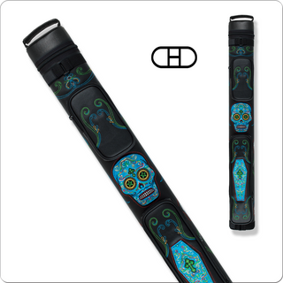 Action Calavera CALC22A 2x2 Hard Cue Case – Black with Blue Patches & Colorful Stitching – Holds 2 Butts & 2 Shafts