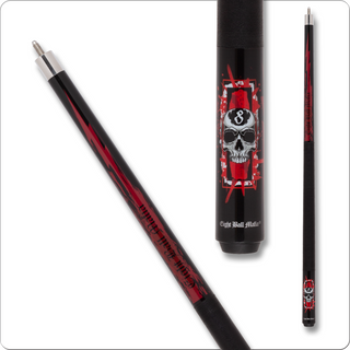 Eight Ball Mafia EBM32 Pool Cue – Ebony & Red Lightning Skull Design – 13mm Layered Tip, Hard Rock Maple, Stainless Joint – 18–21oz