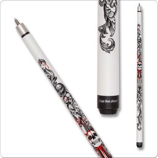Eight Ball Mafia EBM33 Pool Cue – White Blood Skull & Sword Design – 13mm Layered Tip, Hard Rock Maple, Stainless Joint – 18–21oz