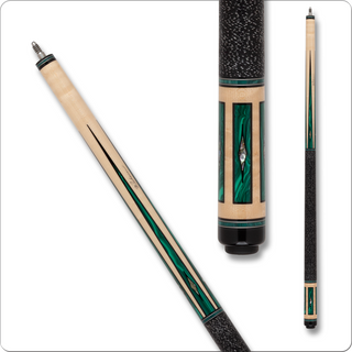 Pechauer JP25R19 Pro Series Cue – No-stain Figured Maple with Simulated Ebony Framed Malachite Points and Abalone Diamonds, Black and White Irish Linen Wrap
