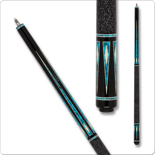 Pechauer JP25R20 Pro Series Cue – Ebony Stained Figured Maple with Simulated Ivory-Framed Turquoise Points and Ivory Diamonds, Black and White Irish Linen Wrap