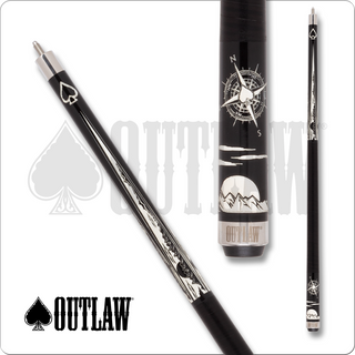 Outlaw OL59 Cue – Black Mountain-Scape Design with White Moon, Black Stacked Wrap, 18oz–21oz