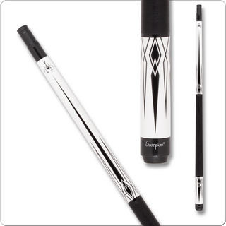 Scorpion SW10 Cue – TPS Maple Shaft, Aceleus Tip, Inox QR Joint | Black/Silver with Spear Design | Weights 18–21oz