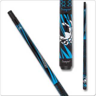 Scorpion SW30 Cue – TPS Maple Shaft, Aceleus Tip, Inox Quick-Release | Black with Sky Blue Slanted Points & Leather Tec Wrap | Weights 18–21oz