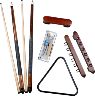 Economy Billiard Table Kit – Plastic 8-Ball Rack, 6-Cue Wall Rack w/Clips, 2 Action Cues w/Nylon Wrap & Table Brush | Complete Pool Table Accessory Set