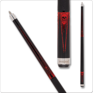 Voodoo VOD42 Pool Cue – Red Skeleton & Black Coffin Design, 13mm Leather Tip, Black Leather Wrap