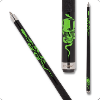 Voodoo VOD44 Pool Cue – Lime Green Skull & Snake Design, 13mm Leather Tip, Black Leather Wrap